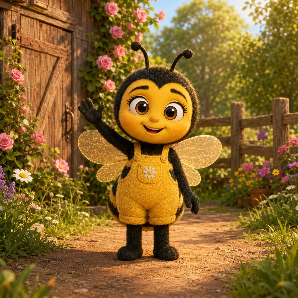 Mia die Biene steht winkend im Garten vor dem Bauernhof
