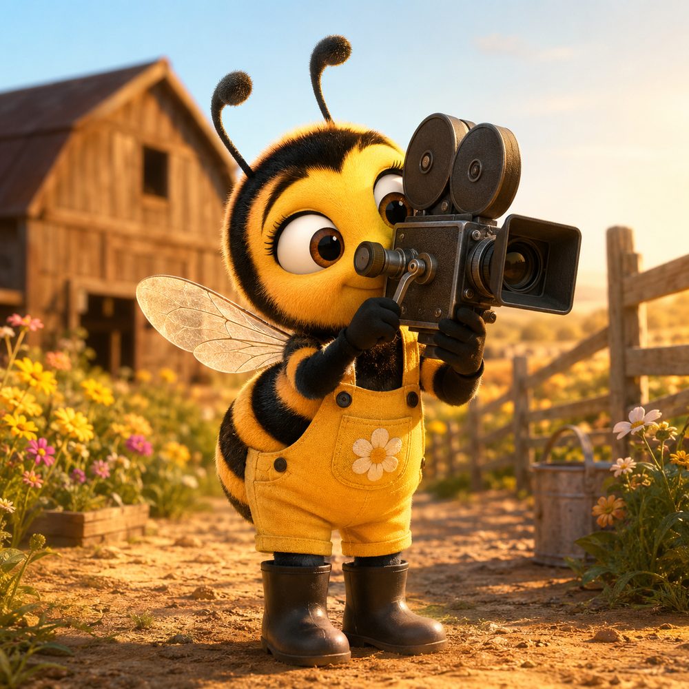 Mia die Biene filmt mit einer alten Filmkamera auf dem Hof