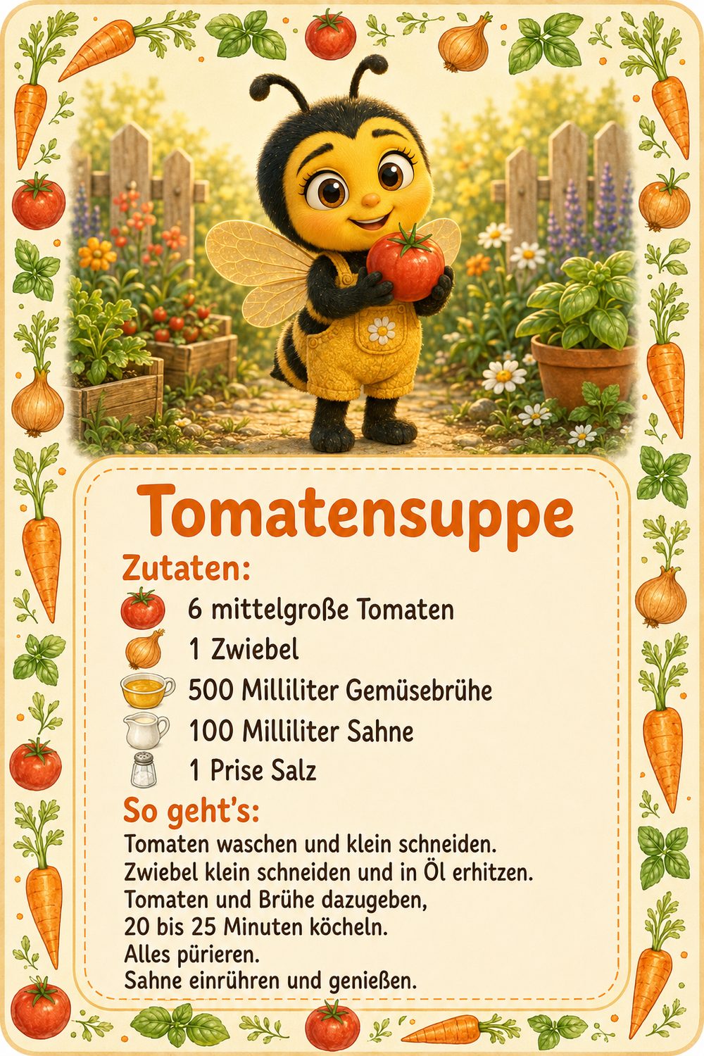 Rezeptkarte Tomatensuppe mit Mia der Biene
